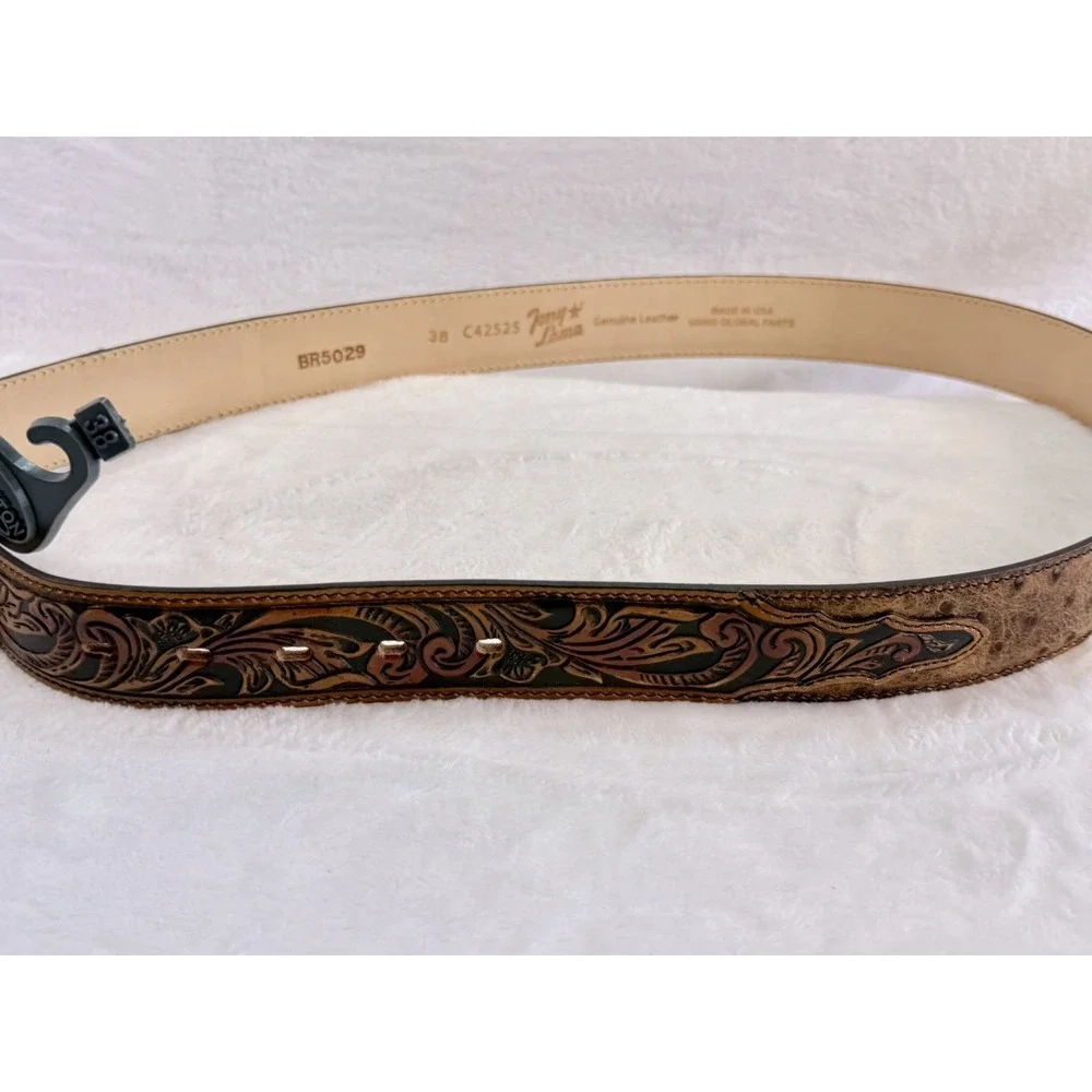 Tony Lama C42525 Men's Rustic Ostrich Print Floral Tooled Leather Belt Size 38